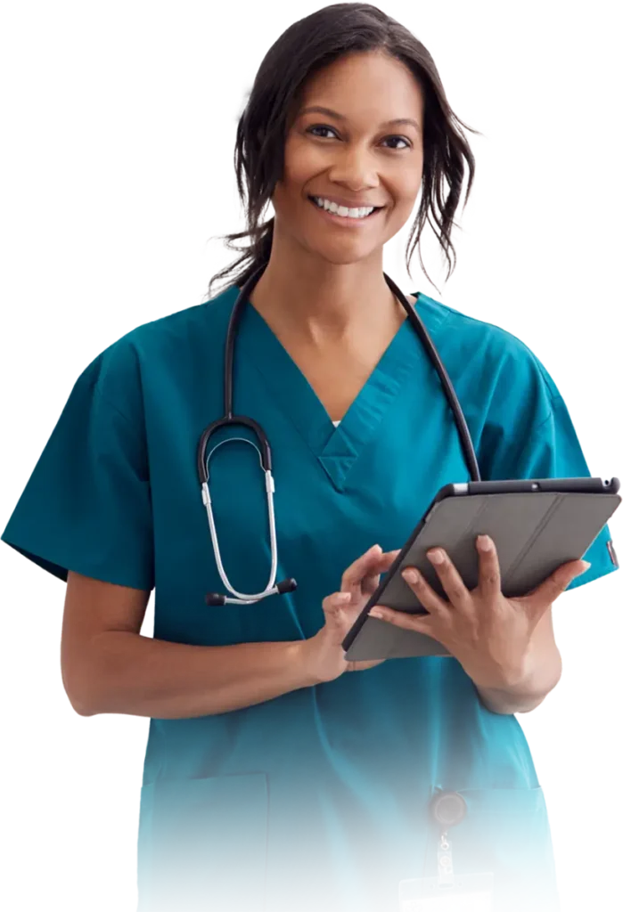 A nurse holding a tablet computer, engaged in patient care or accessing medical information.